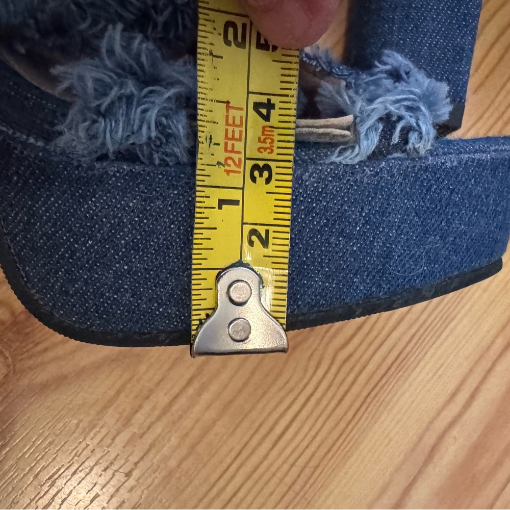 Distressed Denim Knee-High Heeled Platform Boots - Picture 3 of 8